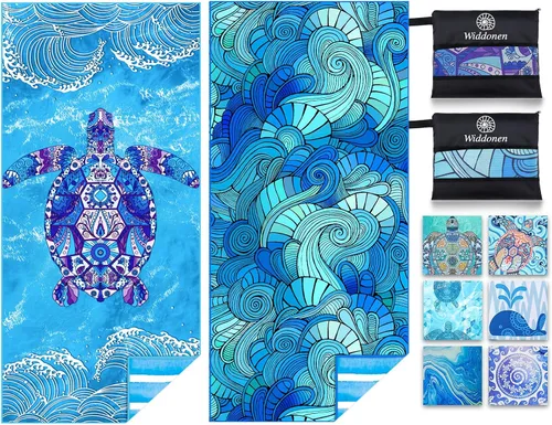 Vista 23 de Widdonen Toalla de playa de microfibra, compacta, paquete de 2 unidades, 71 x 32 pulgadas con bolsa de viaje Paquete de 2 Blue Peank Dream World