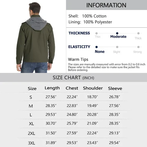 Vista 6 de Chaqueta militar para hombre, casual, de algodón, ligera, rompevientos con capucha extraíble