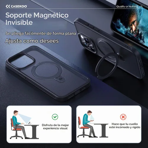 Vista 3 de CASEKOO- Funda para iPhone 15 Pro, c/soporte magnético invisible [protecc. militar contra caídas] [compatible c/MagSafe], a prueba de impactos, Negro