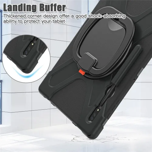 Vista 5 de Funda de rotación 360 para Galaxy S8 Ultra de 14.6 pulgadas, funda resistente con anillo giratorio, correa de transporte para hombro, correa de Negro