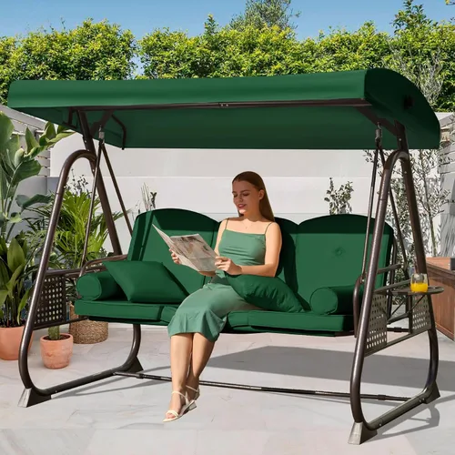 Vista 19 de Columpio de porche para exteriores 3 en 1 con toldo ajustable, columpio de 3 asientos para adultos, columpio de patio con cojines gruesos, almohadas