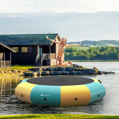 Vista 11 de Goplus - Trampolín inflable de agua de 10 pies, 12 pies, 15 pies, rebotador acuático recreativo con inflador eléctrico, escalera de cuerda, cuerdas