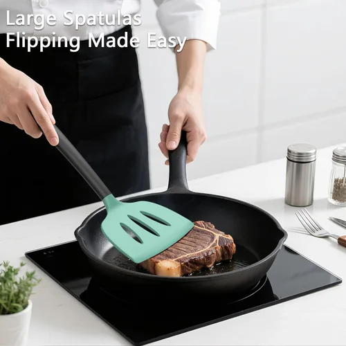 Vista 3 de Coukre Juego de 3 espátulas de silicona, resistentes a altas temperaturas, sin BPA, espátulas para pescado, mango sólido y ranurado para sartenes