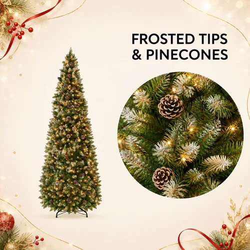 Vista 5 de 4.5 ft Frosted Artificial Pencil Christmas Tree with Pine Cones PVC foliage, hinged branches, foldable stand, indoor holiday decor for apartments