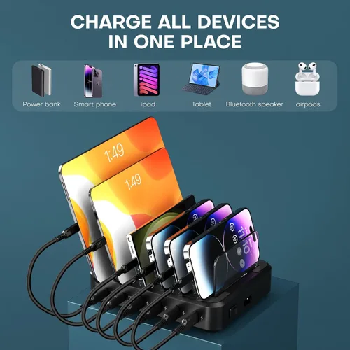 Vista 5 de Estación de carga para múltiples dispositivos, 65 W, 6 puertos, estación de carga rápida USB C con 6 cables de carga mixtos, base de carga