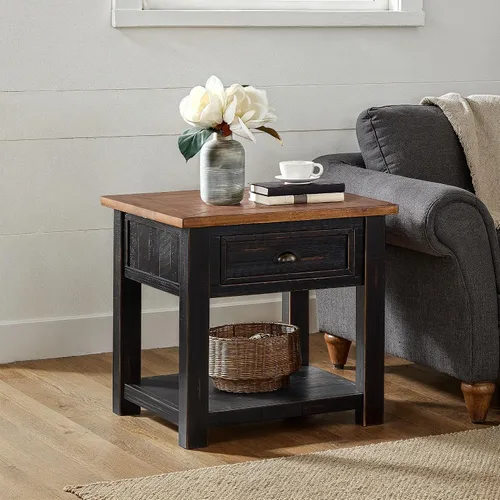 Vista 10 de Martin Svensson Home Mesa auxiliar de madera maciza, color negro con tapa marrón