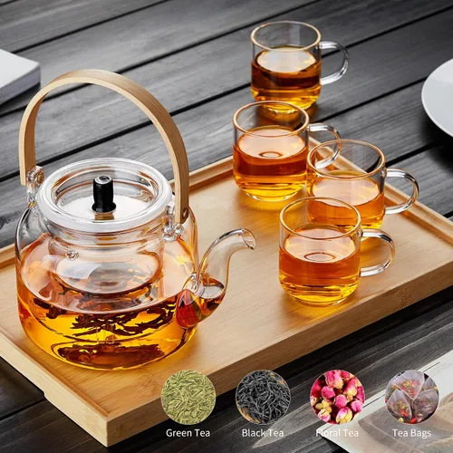 Vista 4 de Juego de teteras de cristal, 37 onzas/37.2 fl oz, hervidor de té de vidrio con 4 tazas de té de doble pared, tetera con infusor para té suelto, apto