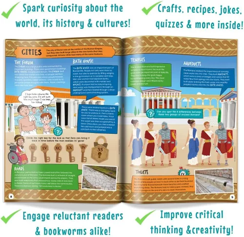 Vista 5 de Mysteries in Time Ancient Rome - Paquete de actividades romanas para niños de 6 a 11 años, con libro de historia y revista, perfecto para avión