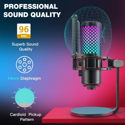 Vista 4 de ZealSound Micrófono USB para iPhone, iPad, teléfono, PC, micrófono RGB para juegos con metal completo, silencio, filtro pop, ganancia