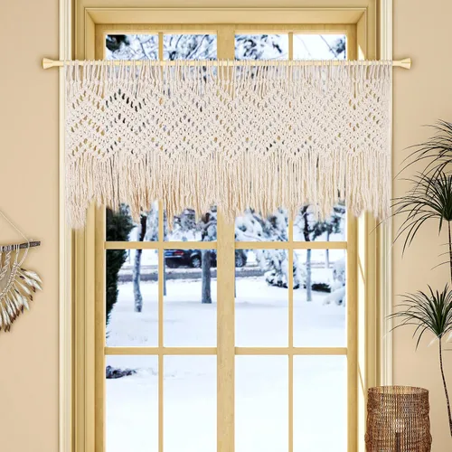Vista 4 de Cortina bohemia de macramé con cenefa, 47 pulgadas de ancho x 22 pulgadas de largo (beige), casual, filtro de luz, sin forro, adulto, unisex