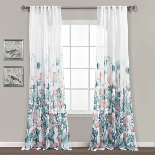 Vista 5 de Lush Decor Zuri Flora - Cenefa para cortina con filtro de luz, 18 pulgadas de largo x 52 pulgadas de ancho, azul y coral (paquete de 2)