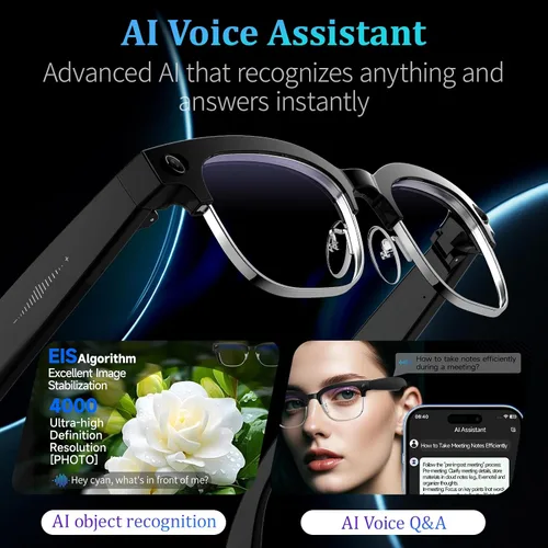 Vista 9 de Gafas Inteligentes AI con Cámara de 8MP, Video 4K y Foto HD, Audio Bluetooth, Asistente de Voz AI, Traducción en Tiempo Real, Reconocimiento