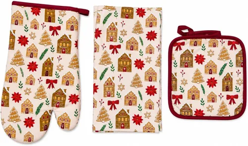 Vista 20 de Paños de Cocina y Agarraderas Navideños - Juego Alegre de Navidad de 4 Piezas 100% Algodón Verde Rojo Blanco - Dos (2) Paños de Cocina, Un (1)