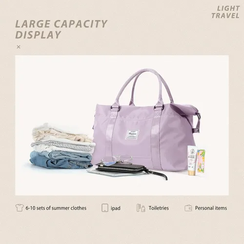 Vista 9 de Bolsa de gimnasio para mujer con compartimento para zapatos, bolsa de lona de viaje, bolsa de deporte para gimnasio, F5-Púrpura Claro, Bolsa de viaje