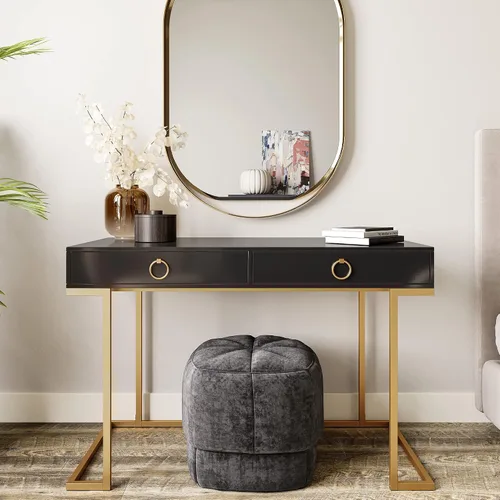 Vista 11 de BELLEZE moderna mesa de tocador, mesa de maquillaje o escritorio para oficina en casa, computadora, portátil, para escribir, con dos cajones de Negro