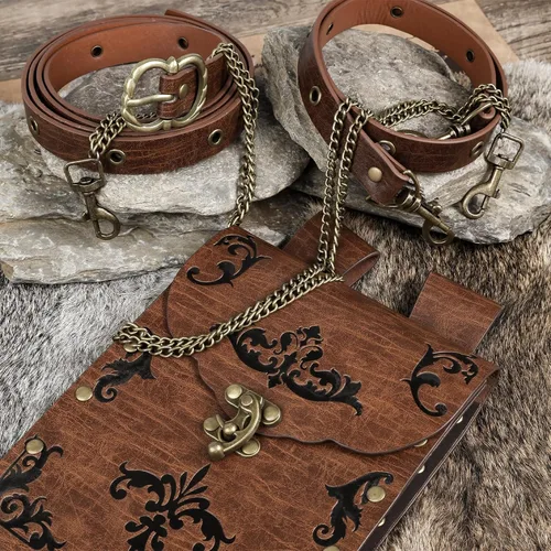 Vista 5 de HiiFeuer 2 cinturones medievales DIY con bolsa renacentista vintage de piel sintética, cadenas desmontables para mujer, bolsa delgada para cinturón