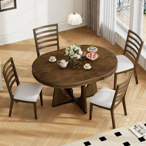 Vista 18 de Harper & Bright Designs Juego de comedor redondo extensible de madera de 42 a 58 pulgadas para 4-6, juego de mesa de cocina de 5 piezas con 4 sillas