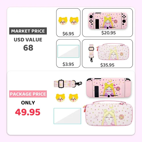 Vista 7 de Pink Carrying Case for Nintendo Switch, Anime Accessories Bundle Kit for Sailor Moon with Switch Travel Bag, Soft TPU Protective Cover, Screen