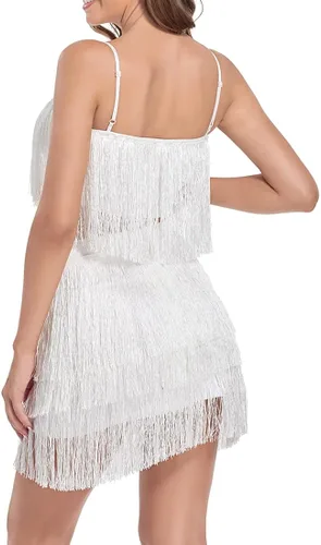 Vista 4 de Fenyong Conjunto de 2 piezas para mujer, sexy, con borlas, entallado, parte superior corta, minivestido