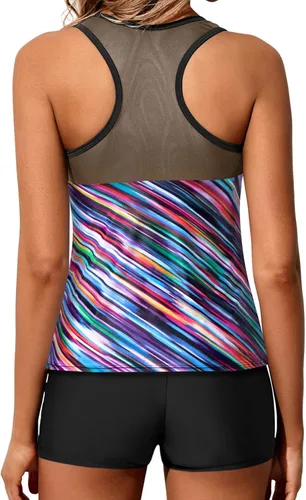Vista 2 de Yonique Traje de baño tankini para mujer con pantalones cortos atléticos de dos piezas con espalda cruzada