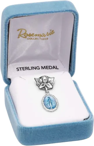 Vista 5 de Rosemarie's Religious Gifts Pequeño ángel con medalla milagrosa ovalada esmaltada de plata de ley