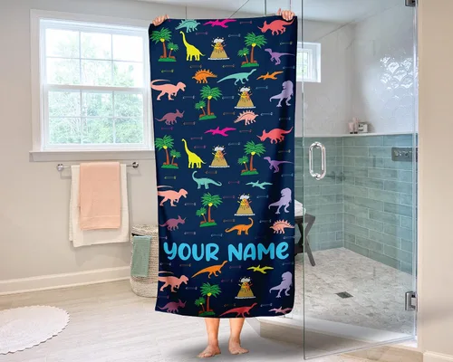 Vista 6 de Generic Toalla de playa de dinosaurio, nombre personalizado, algodón de secado rápido, regalo divertido para niños