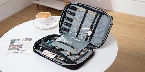 Vista 4 de TEABAN Estuche organizador de joyas de viaje portátil práctica bolsa de joyería Tavel, rollo de bolsa de joyería para collares, aretes, anillos
