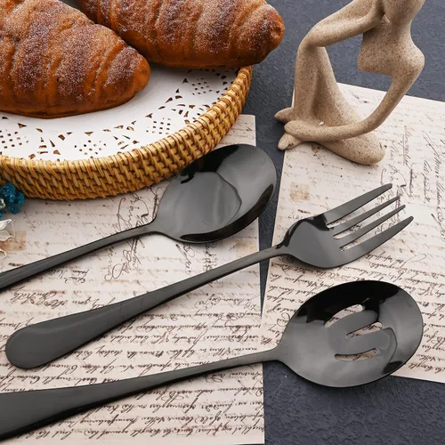 Vista 6 de JASHII Juego de cubiertos de 25 piezas con tenedor y cuchara con utensilios para servir para 4, cubiertos de acero inoxidable de grado alimenticio