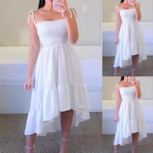 Vista 2 de MRGIINRI Vestido de verano con tirantes delgados para mujer sexy sin mangas asimétrico alto bajo liso acampanado vestido midi Blanco talla única