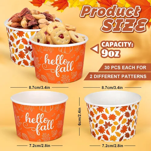 Vista 2 de Whaline 60 tazas de papel desechables con diseño de hojas de arce, cuencos de papel desechables de 9 onzas con hojas de otoño, tazas de papel