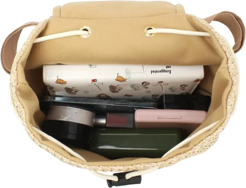 Vista 4 de Meyaus Mochila tejida de paja pequeña con borlas y cordón para mujer, Borlas Caqui, Mochilas Daypack
