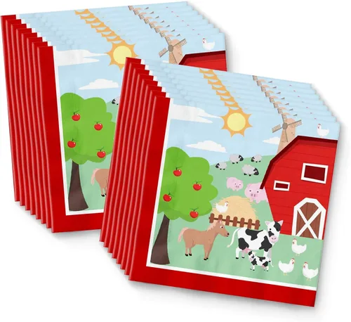 Vista 4 de Set de artículos para fiesta de cumpleaños de animales de granja y granero, platos, servilletas, vasos y utensilios para 16 invitados
