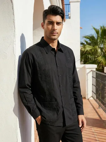 Vista 2 de Camisas guayabera de manga larga para hombre Negro