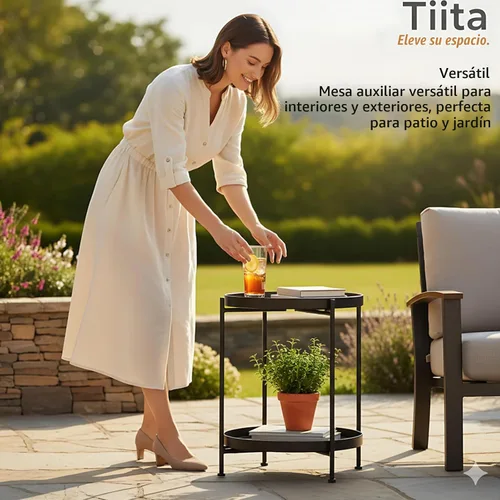 Vista 6 de Tiita 2 Pack Mesa Auxiliar Redonda Mesa de Centro Mesa Lateral de 2 Niveles Mesa de Noche/Mesa de Acento Pequeña de Hierro Mesa de Café para Sala