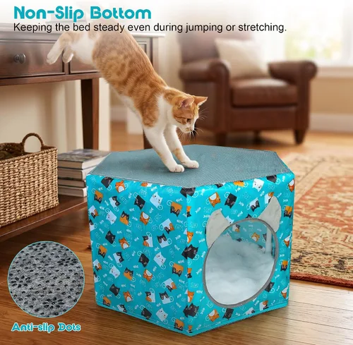 Vista 15 de Camas para gatos de interior, cama hamaca elevada para gatos, casa hexagonal para gatos con malla transpirable y parte inferior antideslizante, cama