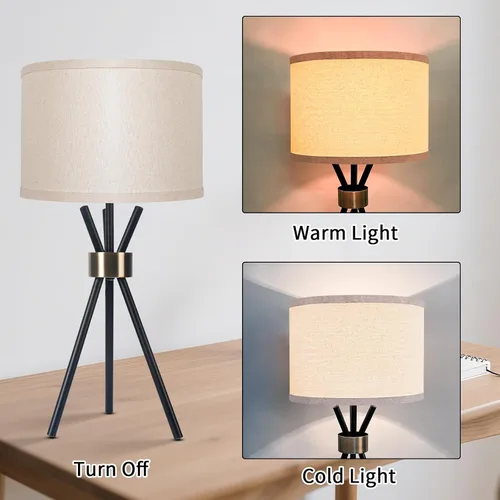 Vista 3 de Lámpara de mesa con trípode, cuerpo de metal con pantalla de tambor de lino, lámpara de mesa alta para dormitorio con enchufe E26, ideal para sala