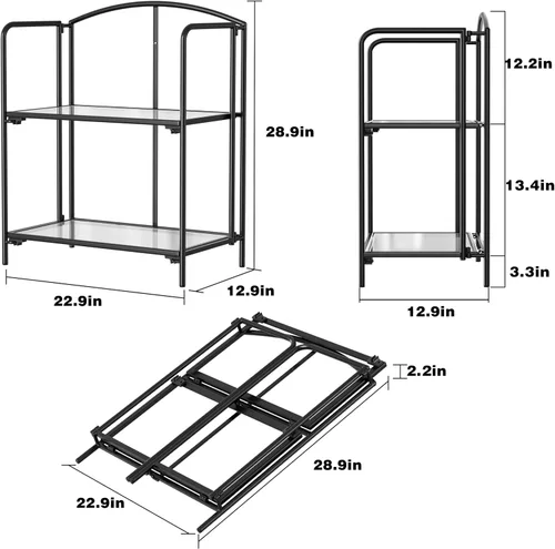 Vista 3 de Crofy - Estantería plegable sin montaje para sala de estar, estantería plegable de 2 niveles en color negro para oficina en casa, organizador