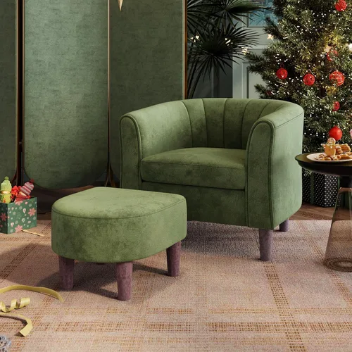 Vista 11 de LINSY Silla decorativa con otomana, moderna silla de barril pequeña, silla de lectura con reposapiés, cómoda silla con brazos redondos para sala
