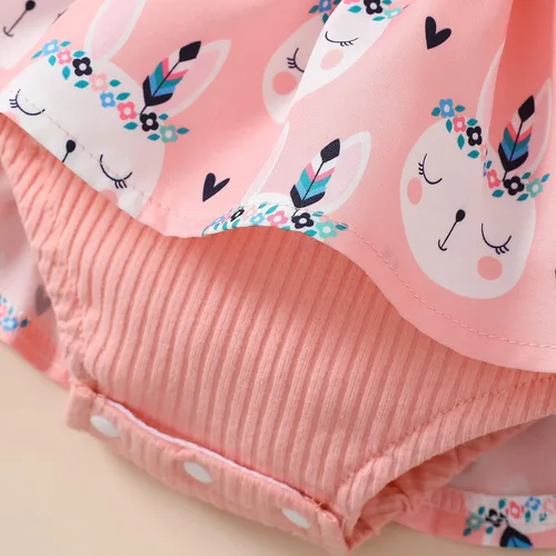 Vista 6 de Lindo mameluco para bebés y niñas con estampado de flores, encaje con volantes, lazo frontal, diadema