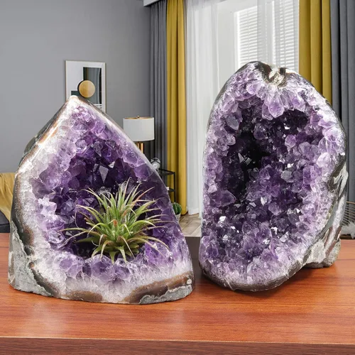Vista 27 de SUNYIK - Racimo de amatista natural, piedra preciosa en bruto curativa con puntas de cristales, drusa de cuarzo, geoda de mineral, esfera