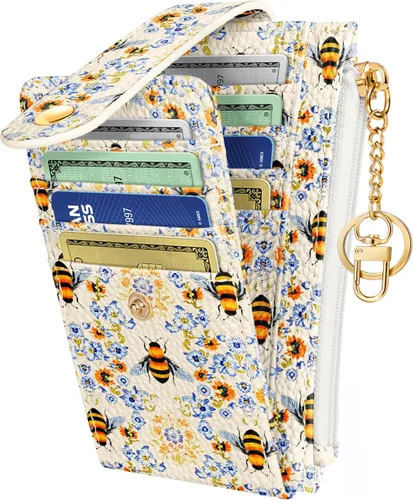Vista 12 de Cartera delgada pequeña para tarjetas para mujeres – Linda cartera con llavero con bloqueo RFID que sostiene 7 tarjetas, diseño de moda de cuero
