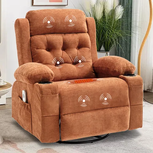 Vista 13 de Rocker - Silla reclinable con masaje y calor, sillón reclinable giratorio con relleno con soporte para tazas, bolsillo lateral USB, sofá mecedora