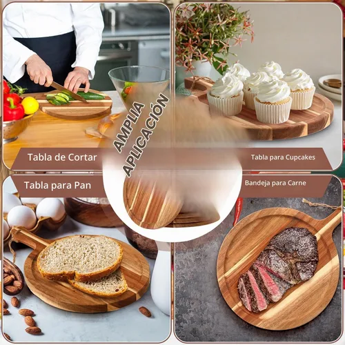 Vista 5 de Tanlade Tabla de cortar de madera, bandeja redonda de madera para servir con asa, tablas de cortar de acacia, remo de charcutería para pizza, pan