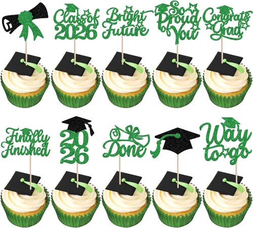 Vista 65 de 30 piezas de decoración para cupcakes de graduación para la clase de 2026 con purpurina brillante para el futuro diploma hecho 2026 Felicidades