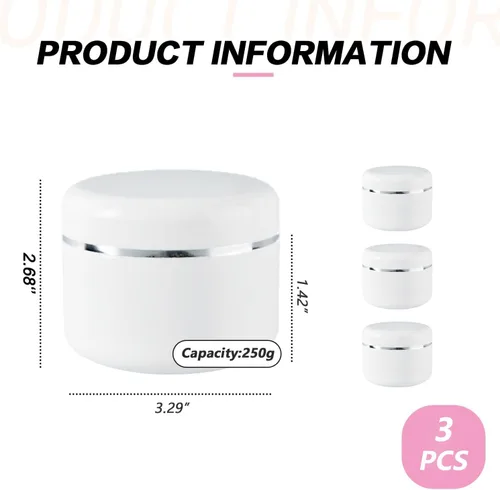 Vista 2 de 3 frascos de plástico vacíos blancos de 8.82 oz/8 onzas para cosméticos, recipientes de viaje con tapas a prueba de fugas, mascarilla corporal