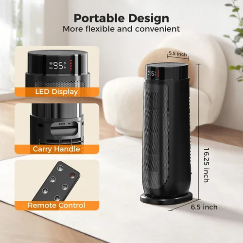 Vista 8 de BREEZOME Calentadores de Espacio para Uso Interior, 1500W, con Termostato, Temporizador de 24H, Oscilación de 90°, Silencioso, Portátil, Cerámica