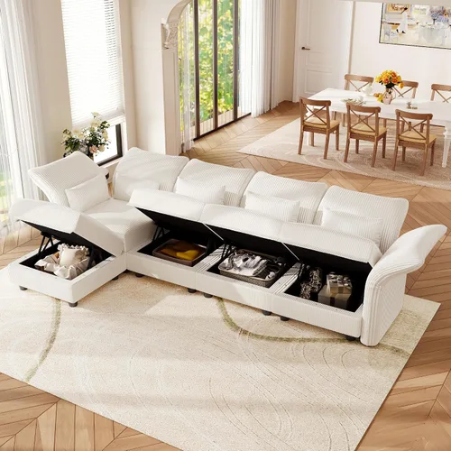 Vista 4 de LLappuil - Sofá seccional en forma de L con almacenamiento, sofás seccionales modulares beige de pana para sala de estar con brazos y respaldos Pana