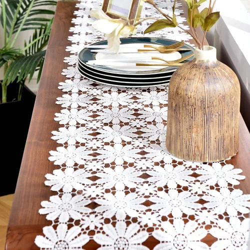 Vista 4 de Camino de mesa de encaje blanco para tocador, camino de mesa de margaritas de comedor de otoño, 13 x 35 pulgadas, mesa de café de té, decoraciones