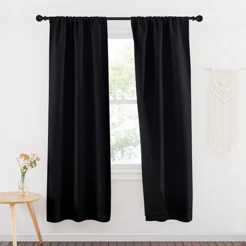 Vista 45 de NICETOWN Biscotti Beige 100% Cortinas opacas de 45" de largo para cocina, bolsillo con varilla para sótano completamente opaco, cortinas térmicas