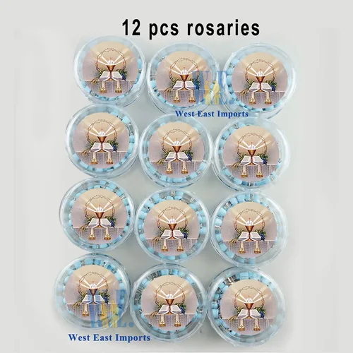 Vista 7 de Recuerdo de rosario perfumado para la Primera Comunión – 12 rosarios con caja de regalo individual y bolsa de organza., Madera, No es una piedra